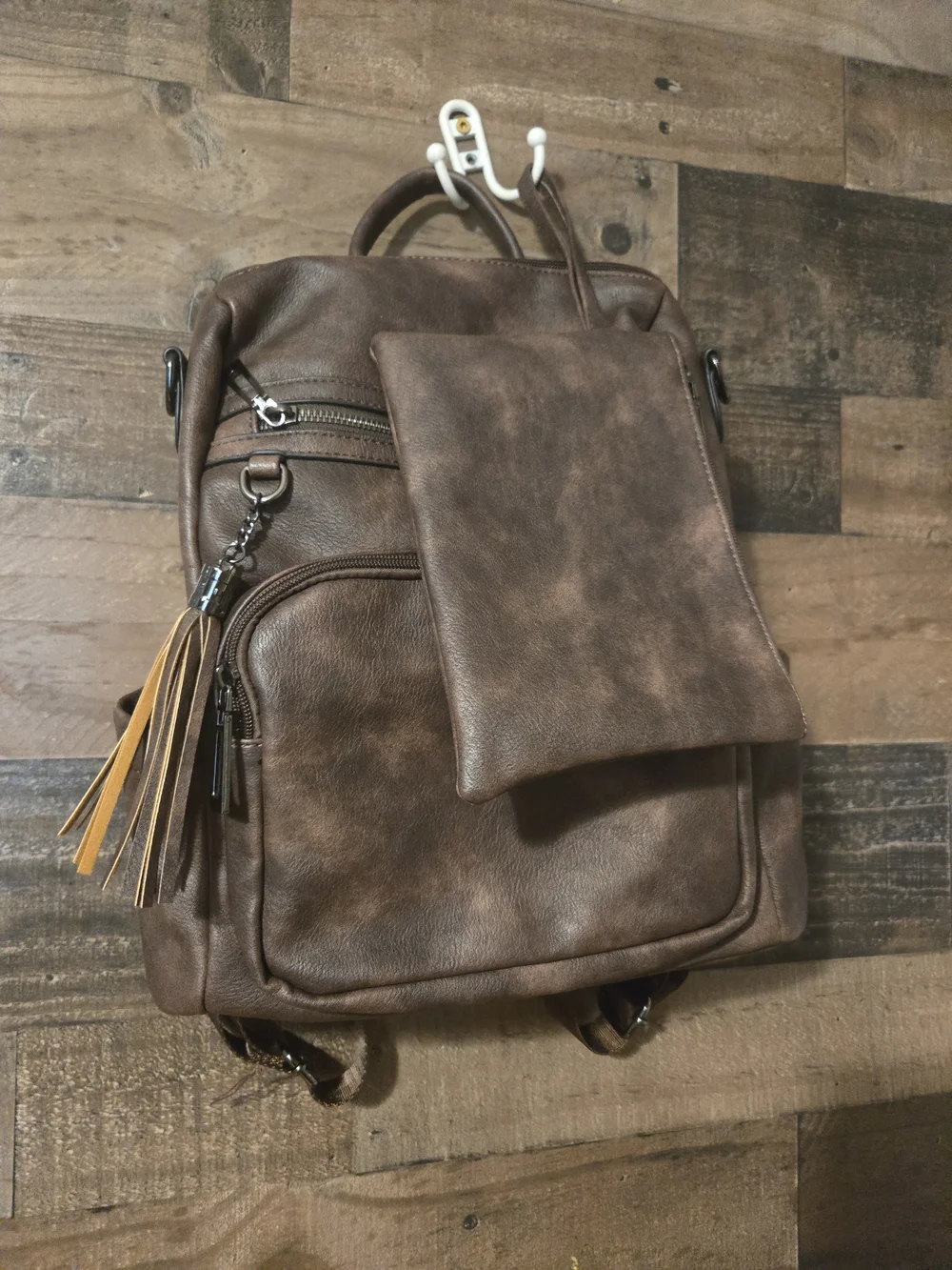 Brown Faux Leather  Backpack with Tassel Pouch